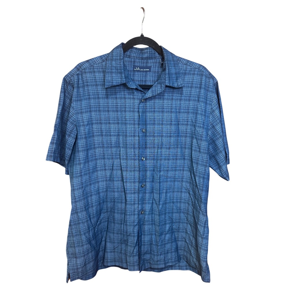John Ashford Mens Blue Plaid Short Sleeve Button Down Shirt Large Rayon Blend L